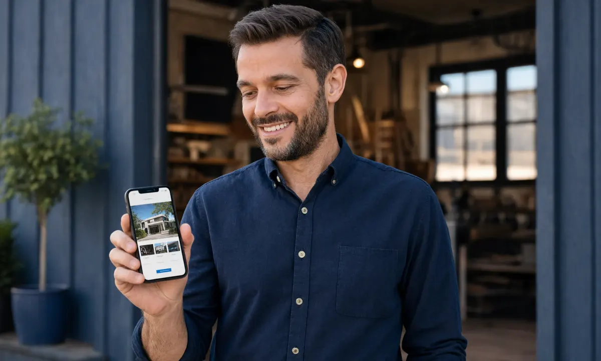 A business owner smiling at his new website on a phone