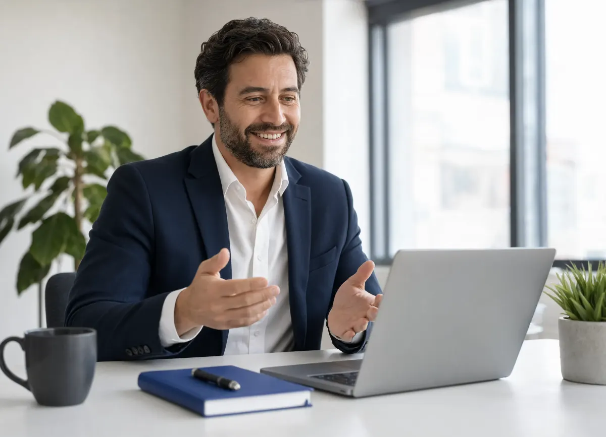 A consultant on a video call at a laptop
