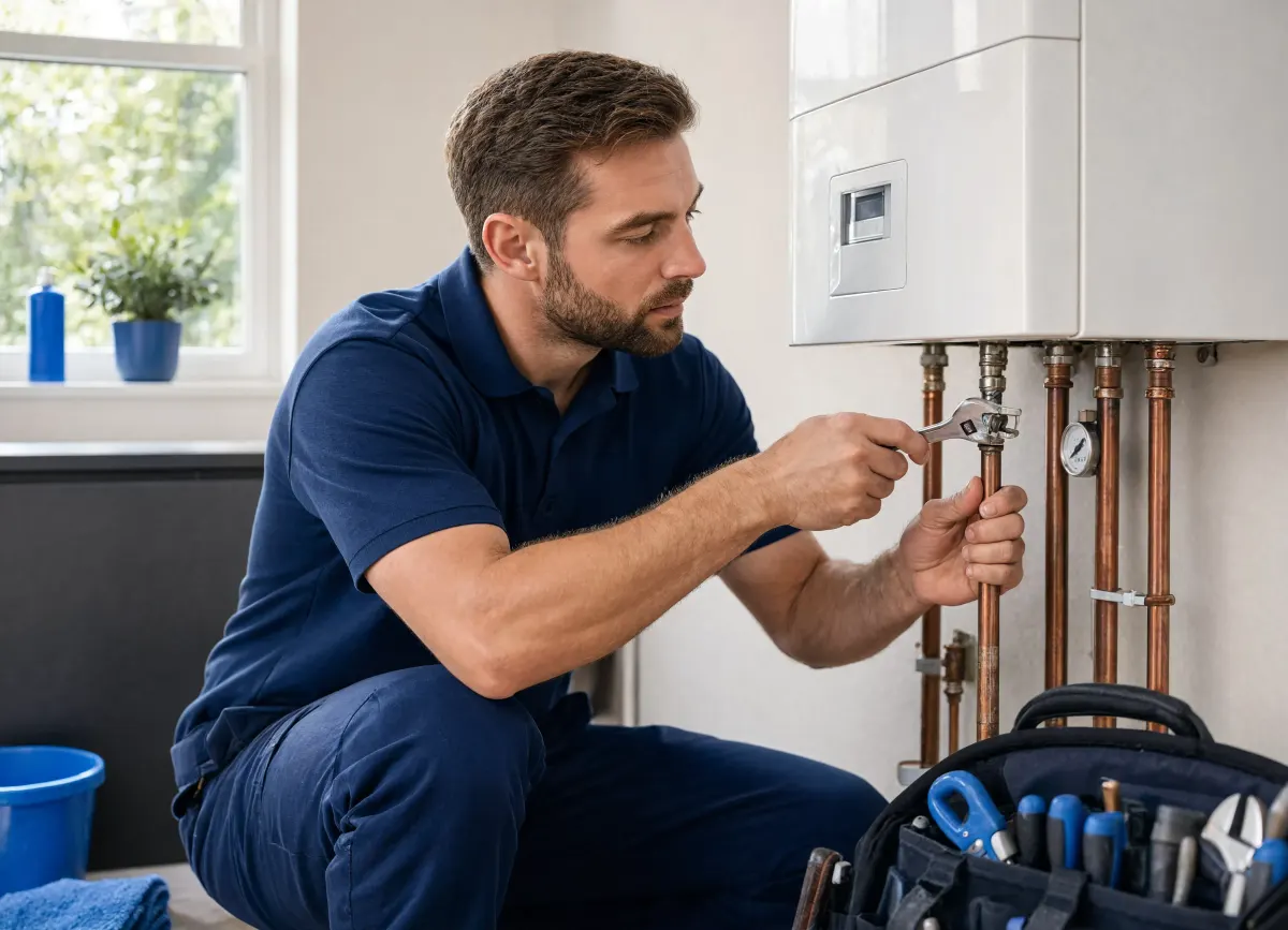 A plumber checking a boiler pipe fitting