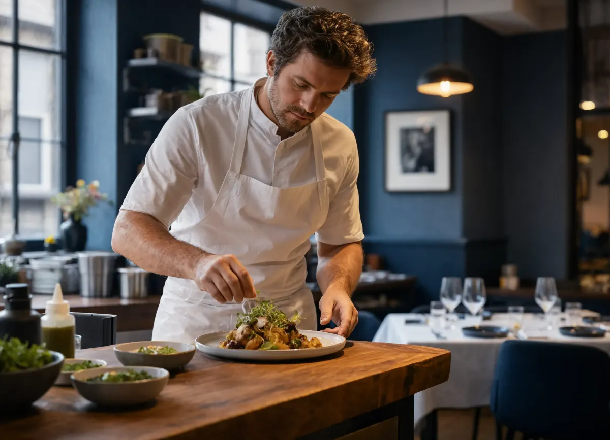 A chef plating a dish in a restaurant kitchen