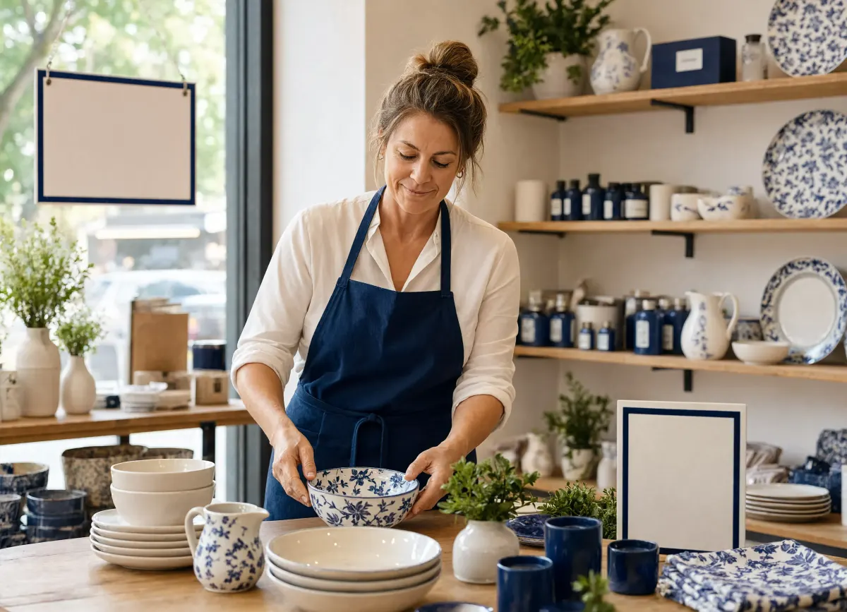 A shop owner arranging products in a boutique