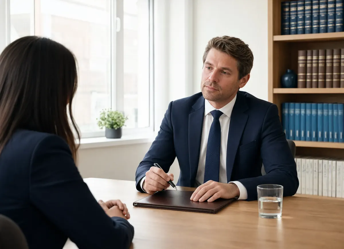 A solicitor meeting a client in a modern office